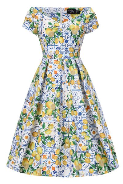 Front view of Mediterranean Lemon Off Shoulder Dress
