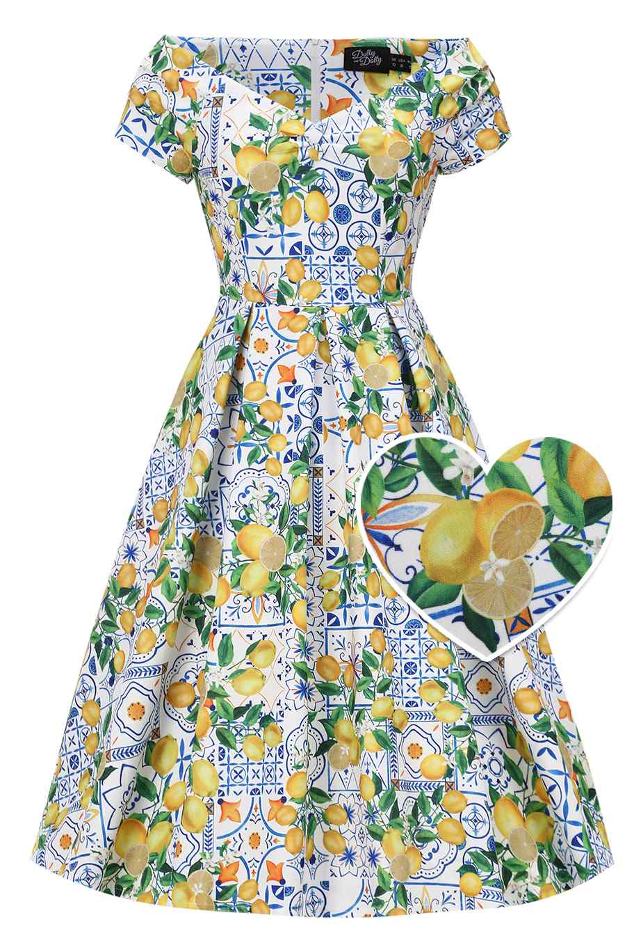 Front view of Mediterranean Lemon Off Shoulder Dress