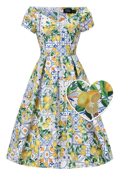 Front view of Mediterranean Lemon Off Shoulder Dress