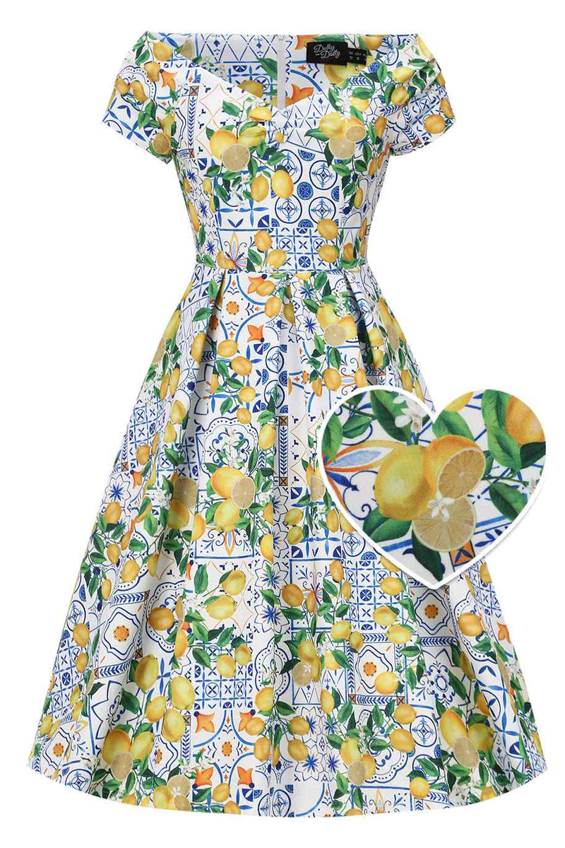 Front view of Mediterranean Lemon Off Shoulder Dress