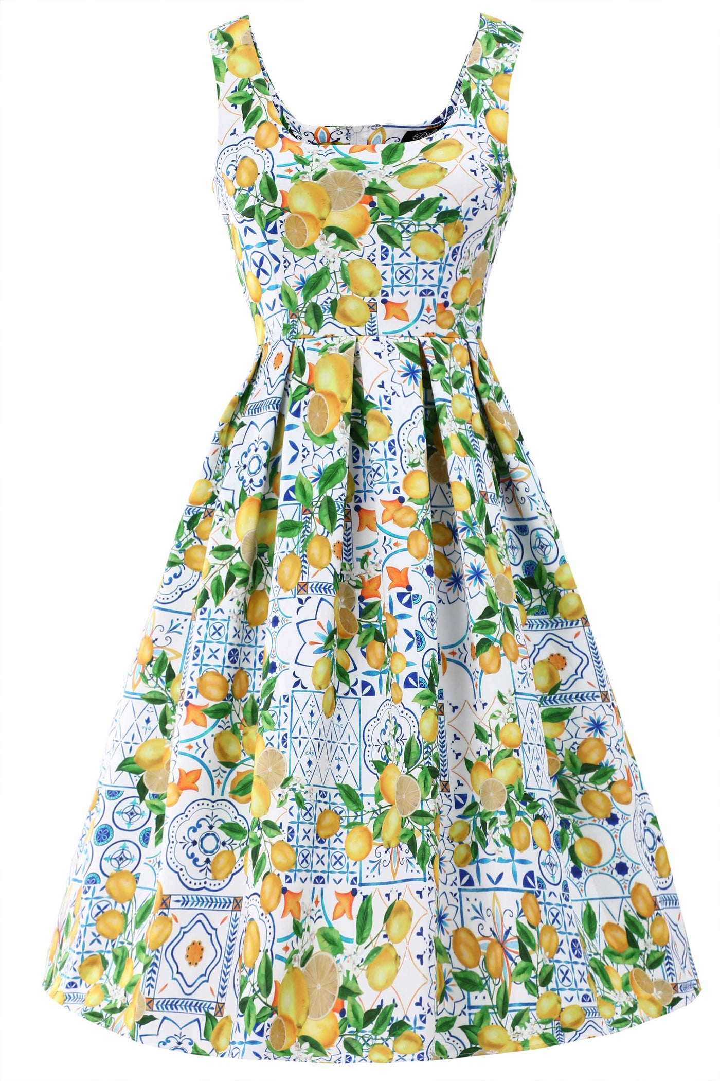 Front view of Amanda Mediterranean Lemon Swing Dress
