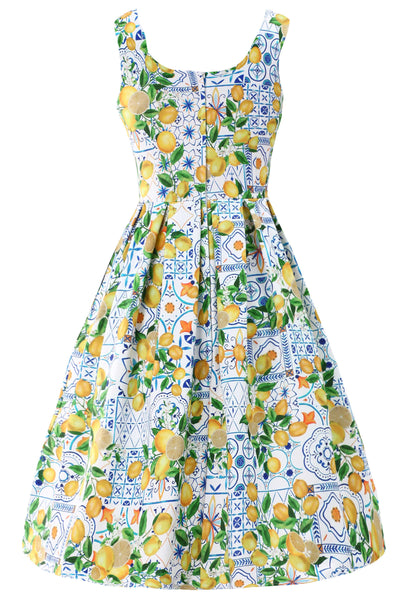 Back view of Amanda Mediterranean Lemon Swing Dress