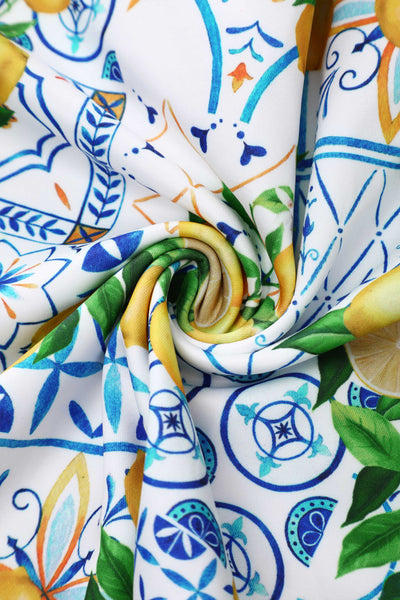 Close up view of Amanda Mediterranean Lemon Swing Dress