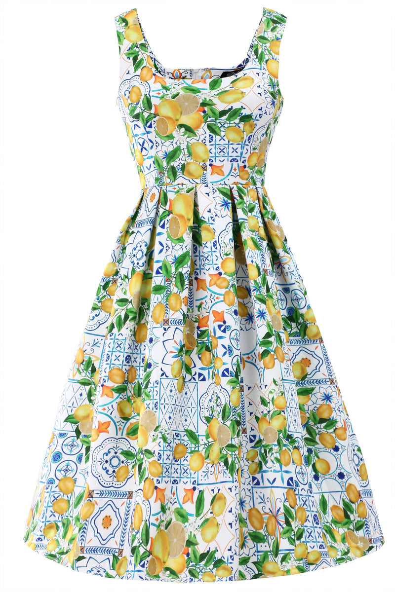 Front view of Amanda Mediterranean Lemon Swing Dress