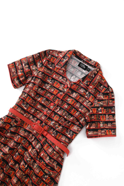 Close up view of Midi Shirt Dress In Sleepy Cat Book Print