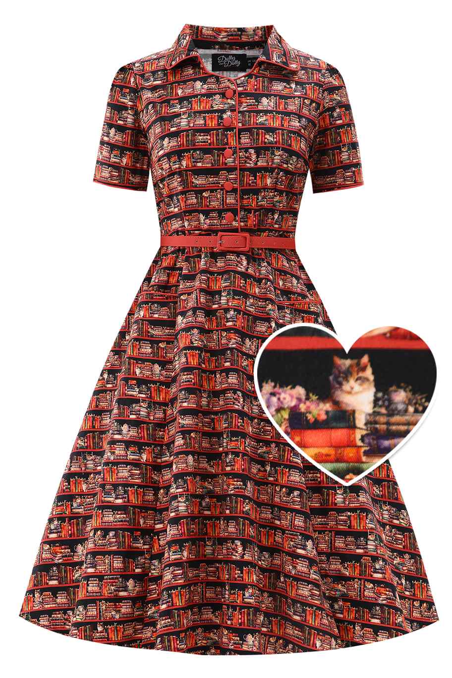 Front view of Midi Shirt Dress In Sleepy Cat Book Print