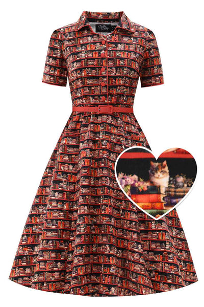 Front view of Midi Shirt Dress In Sleepy Cat Book Print