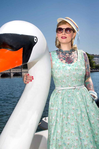 A model wearing a  Mint Green Duck Swing Dress