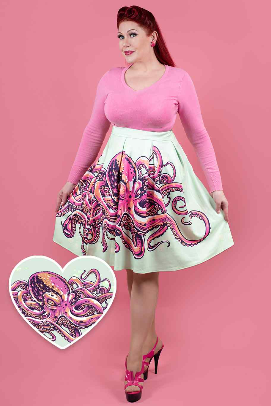 Mint Green Octopus Box Pleated Skirt
