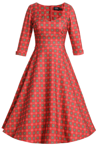 Front view of Mistletoe Plaid Midi Dress