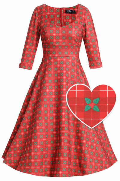 Front view of Mistletoe Plaid Midi Dress