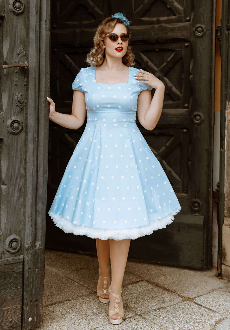 Women's Fifties Style Polka Dot Sleeved Dress In Pale Blue & White