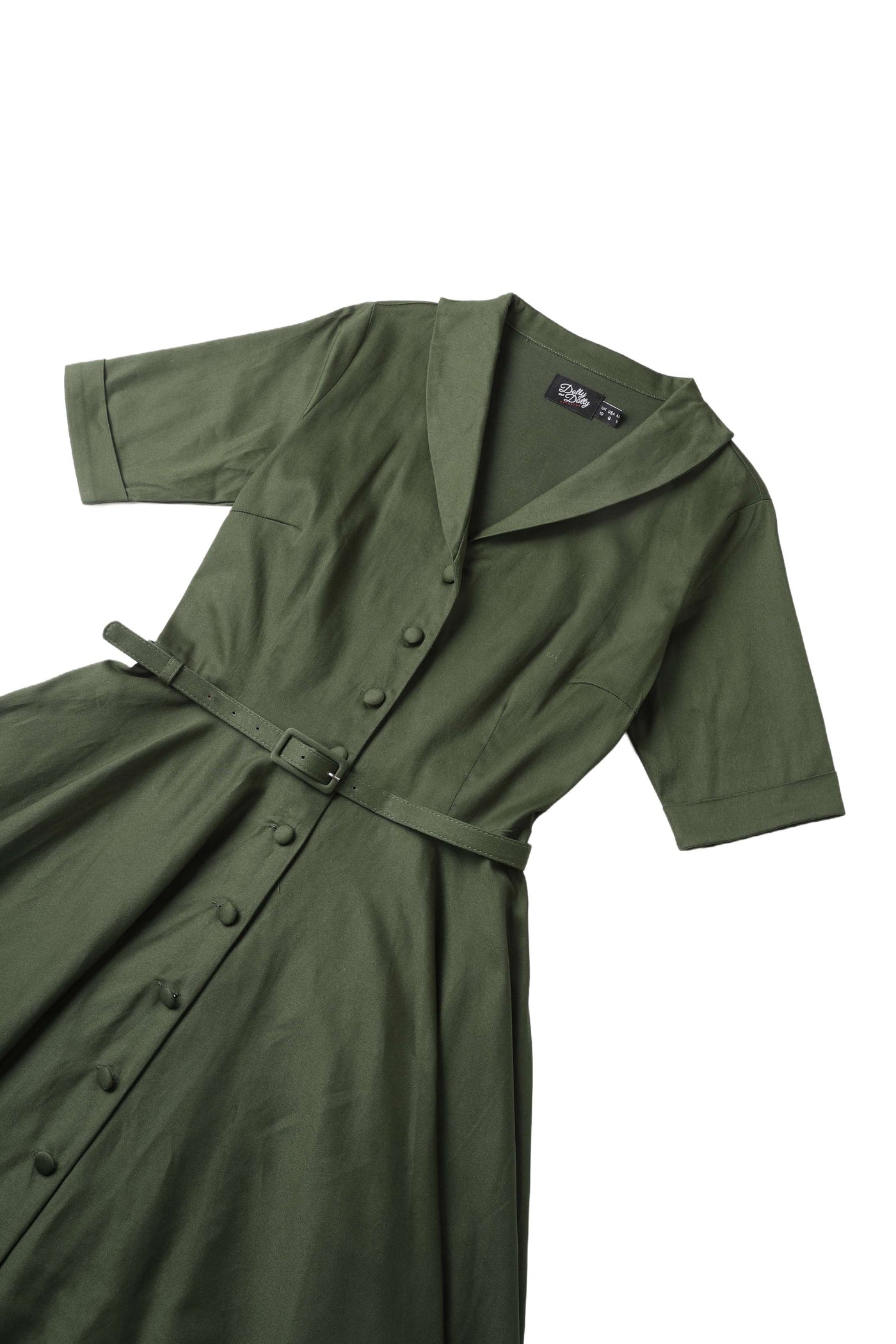 Close up view of Mollie Army Green Full Circle Shirt Dress