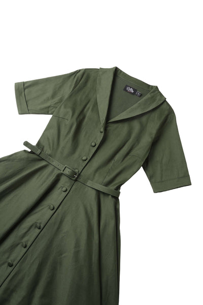 Close up view of Mollie Army Green Full Circle Shirt Dress