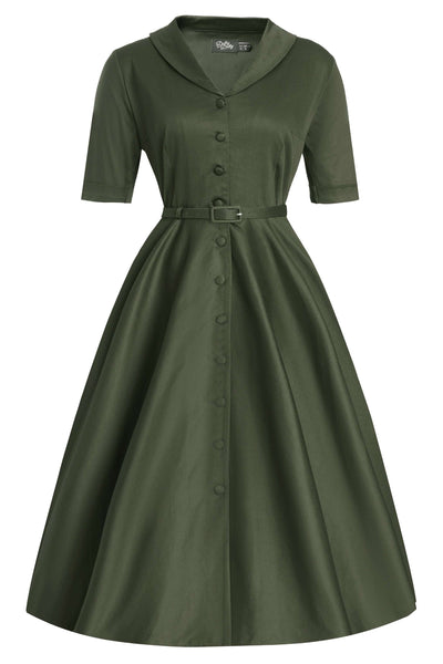 Front view of Mollie Army Green Full Circle Shirt Dress