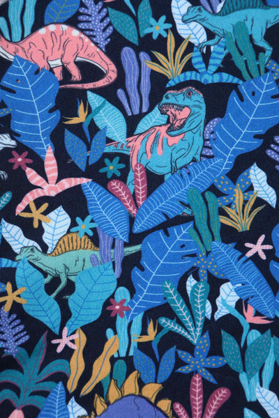 Short sleeve swing dress, with dinosaur leaf print, in navy blue close up view