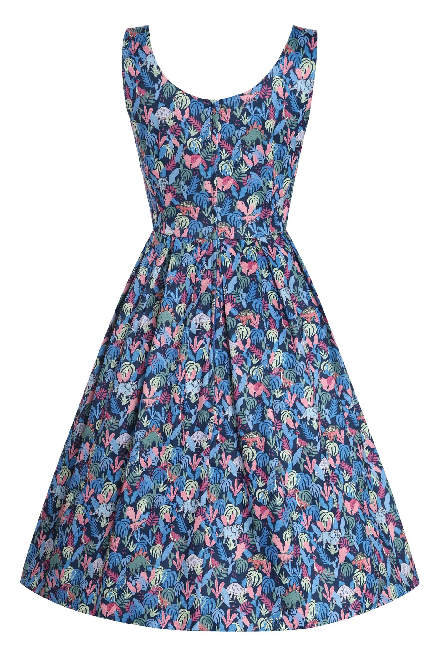Back View of Multicoloured Dinosaur Flared Dress in Navy Blue