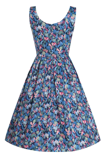 Back View of Multicoloured Dinosaur Flared Dress in Navy Blue