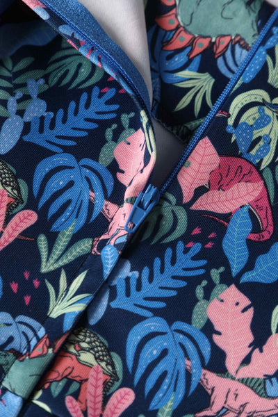 Close up View of Multicoloured Dinosaur Flared Dress in Navy Blue