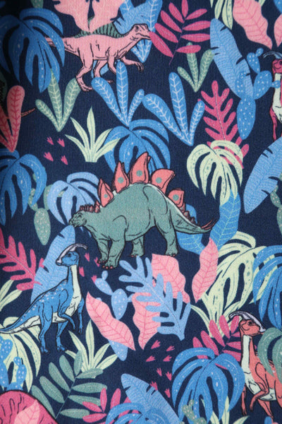 Close up View of Multicoloured Dinosaur Flared Dress in Navy Blue