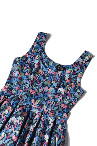 Close up View of Multicoloured Dinosaur Flared Dress in Navy Blue