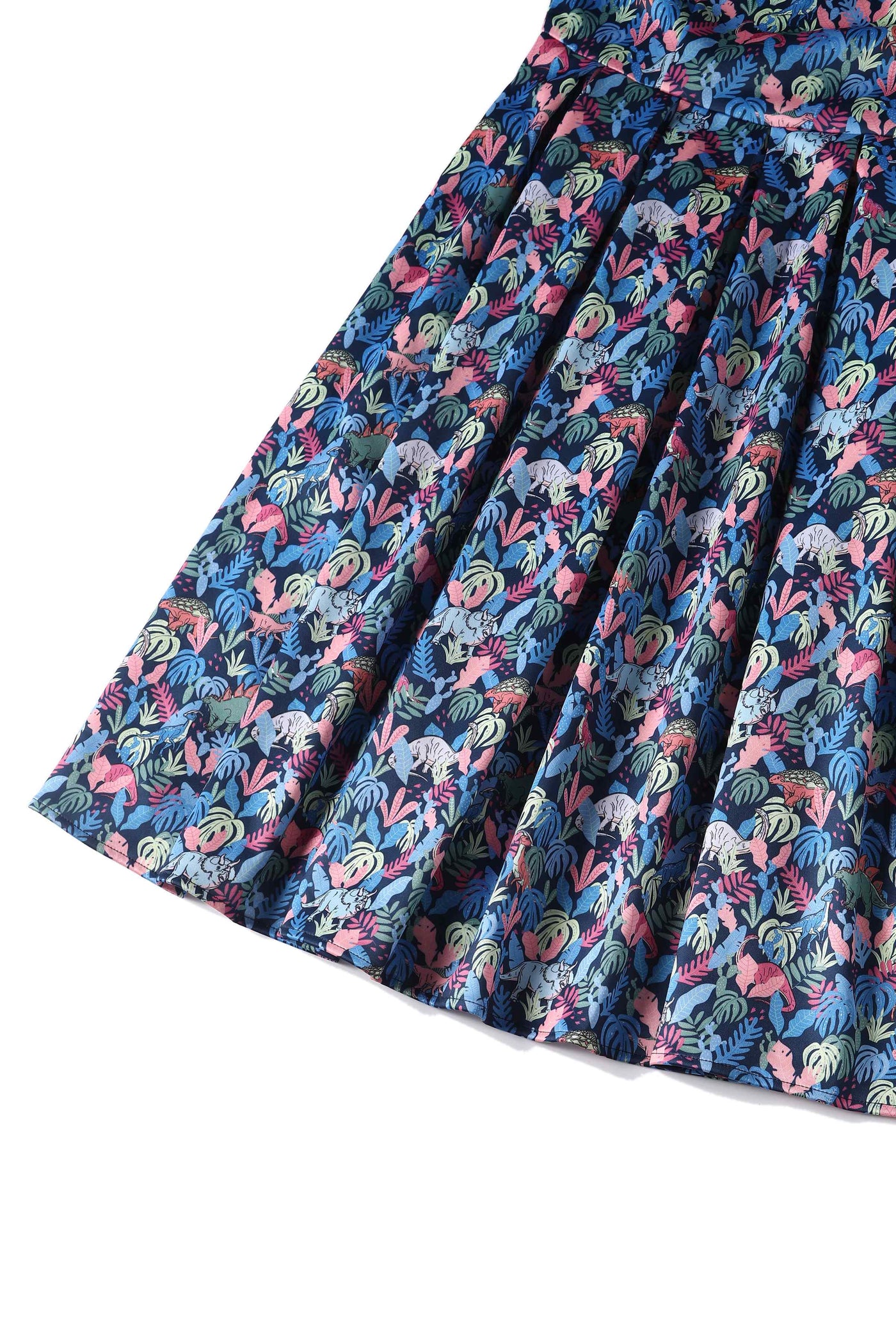 Close up View of Multicoloured Dinosaur Flared Dress in Navy Blue