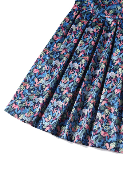 Close up View of Multicoloured Dinosaur Flared Dress in Navy Blue