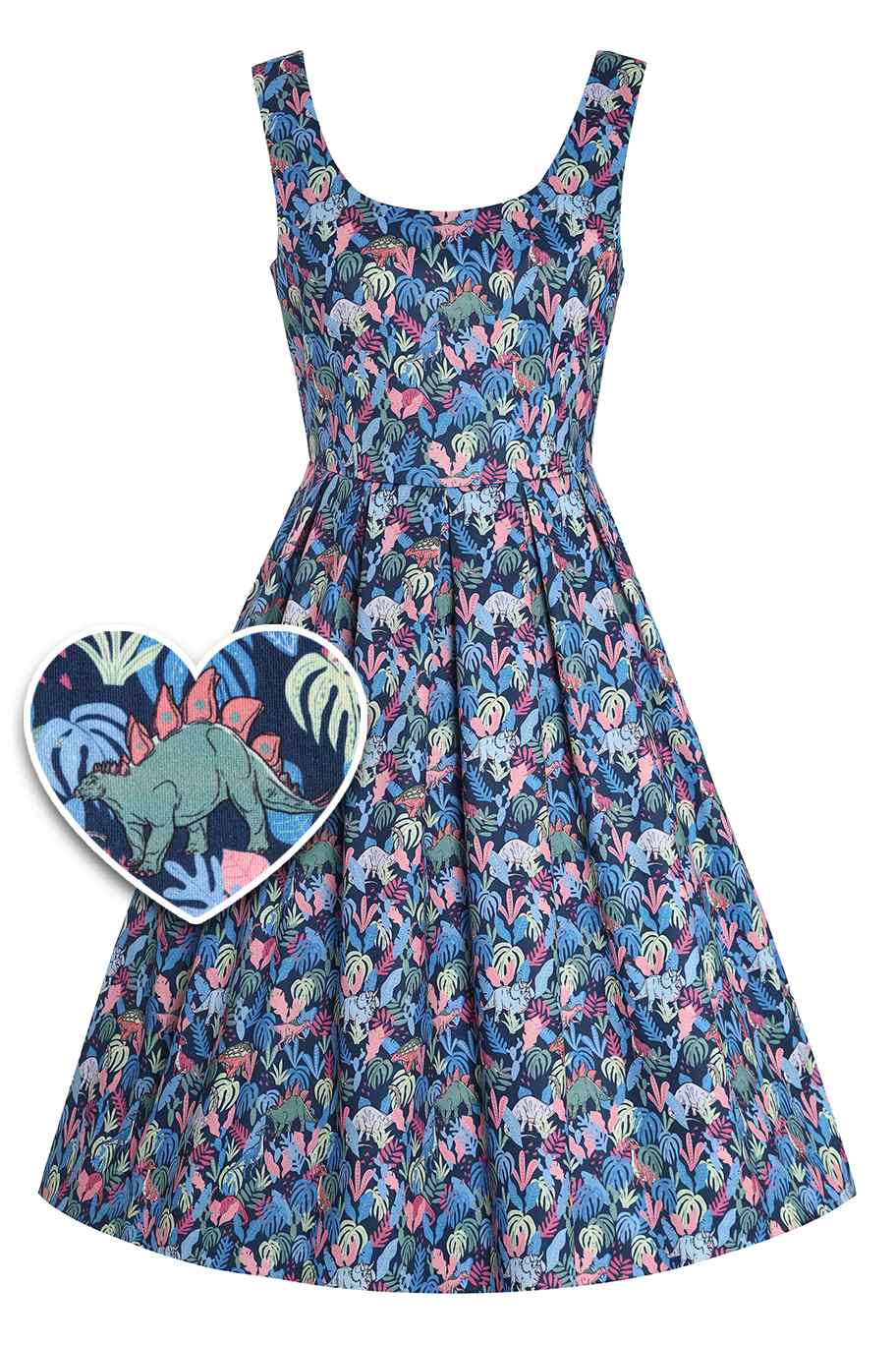 Front View of Multicoloured Dinosaur Flared Dress in Navy Blue