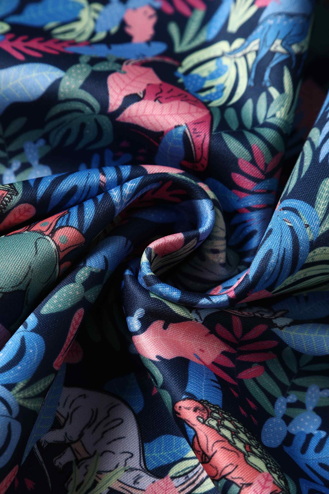 Close up View of Multicoloured Dinosaur Flared Dress in Navy Blue