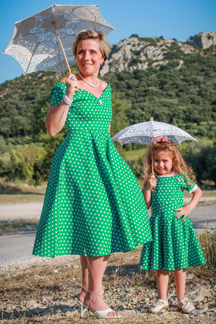 Lily Off Shoulder Green Polka Dot Swing Dress Dolly and Dotty
