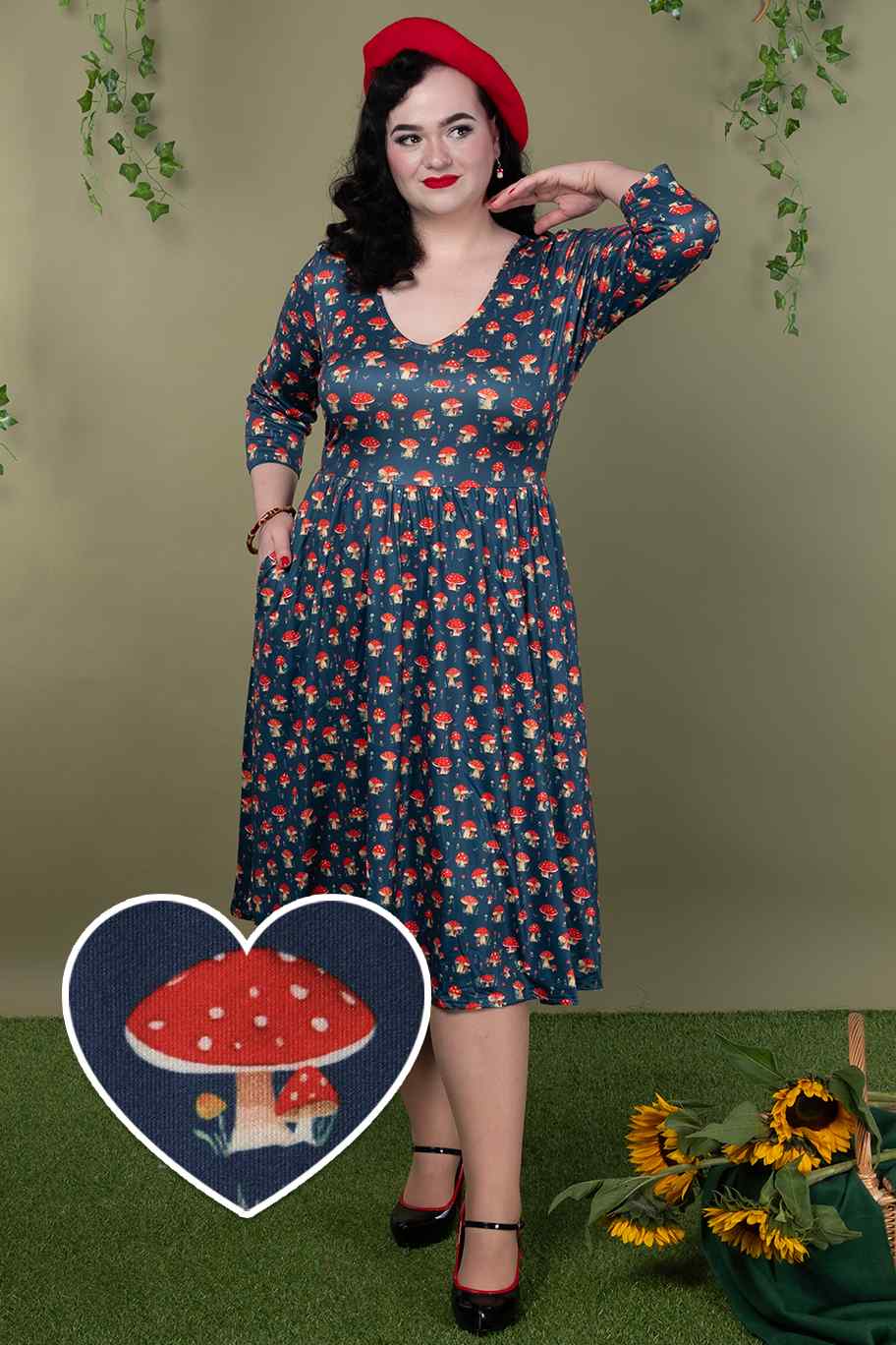 A lady wearing a Mushroom Long Sleeved Dress