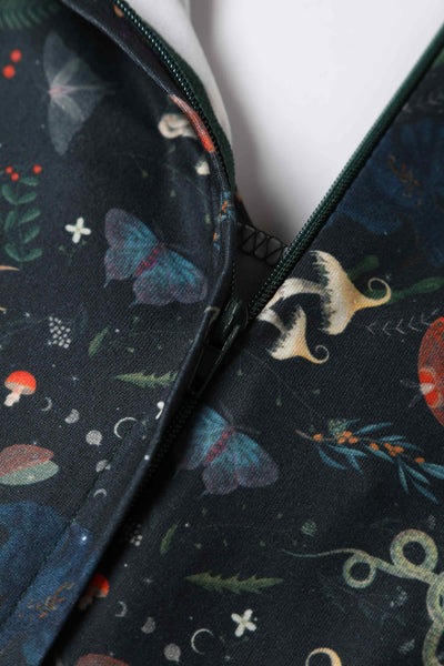 Close up view of Mystical Forest Print Dress in Dark Green