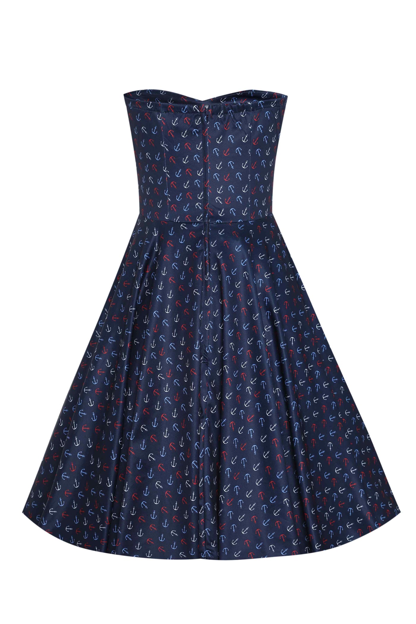 Back view of Navy Blue Nautical Anchor Strapless Dress
