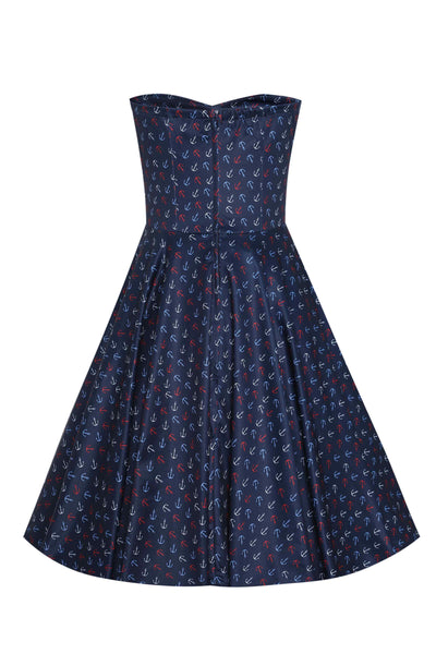 Back view of Navy Blue Nautical Anchor Strapless Dress