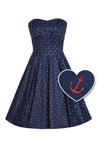 Front view of Navy Blue Nautical Anchor Strapless Dress