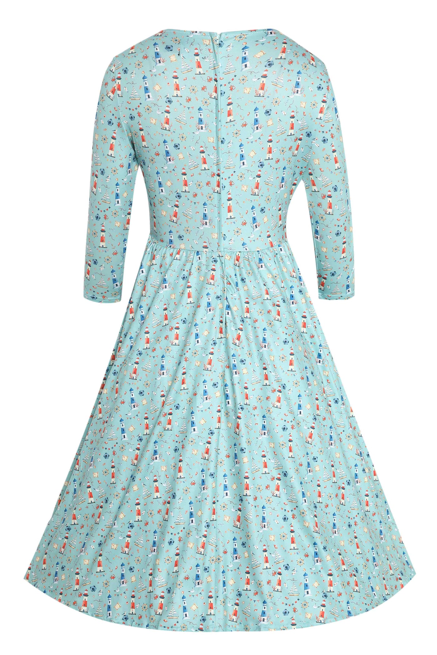 Back view of Nautical Lighthouse Print Day Dress in Light Blue