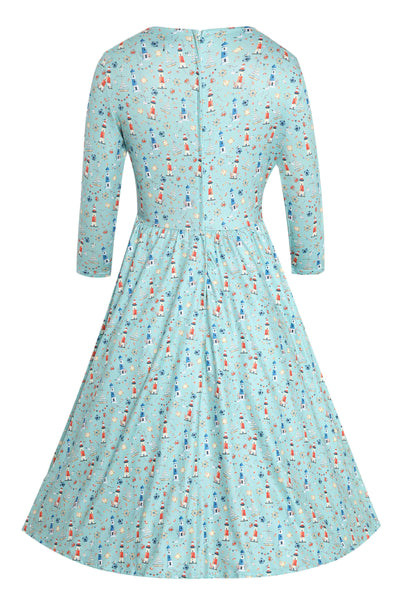 Back view of Nautical Lighthouse Print Day Dress in Light Blue