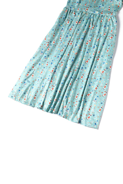 Close up view of Nautical Lighthouse Print Day Dress in Light Blue