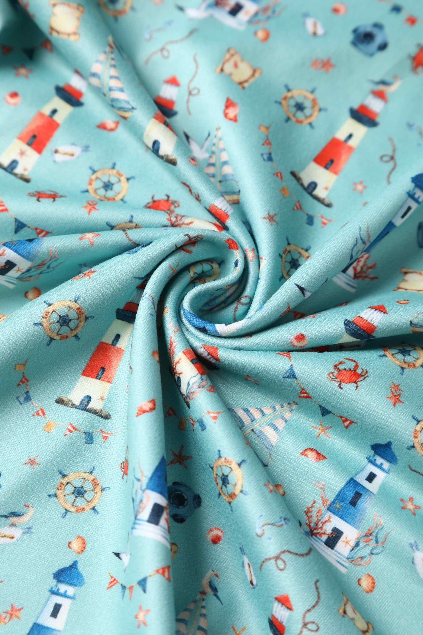 Close up view of Nautical Lighthouse Print Day Dress in Light Blue
