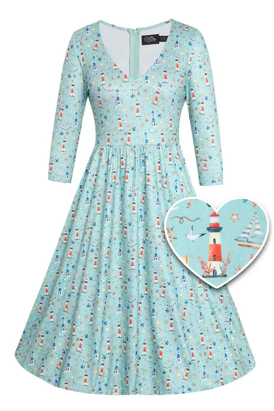 Front view of Nautical Lighthouse Print Day Dress in Light Blue