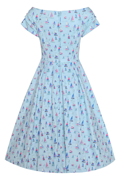 Back View of Nautical Sailboat Blue Off Shoulder Dress