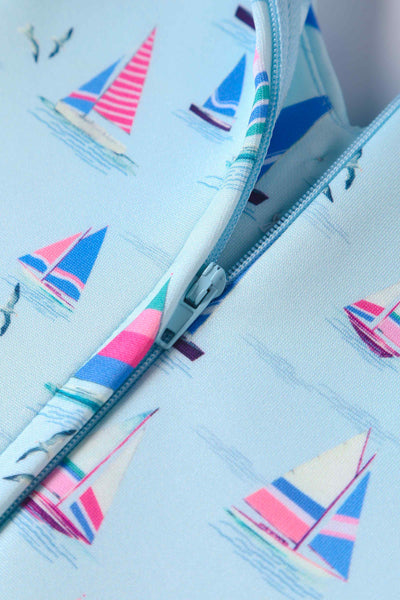 Close up View of Nautical Sailboat Blue Off Shoulder Dress