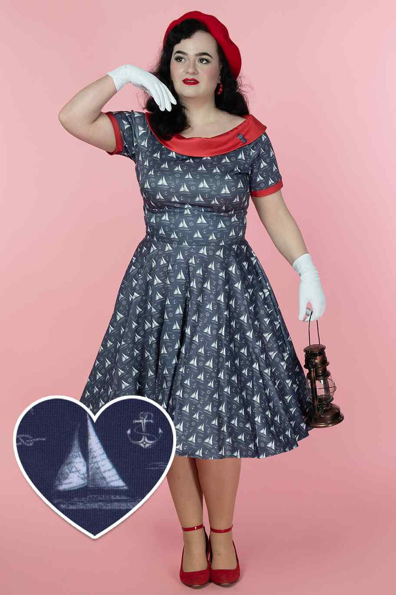 A model wearing a Nautical Sailboat Off Shoulder Dress