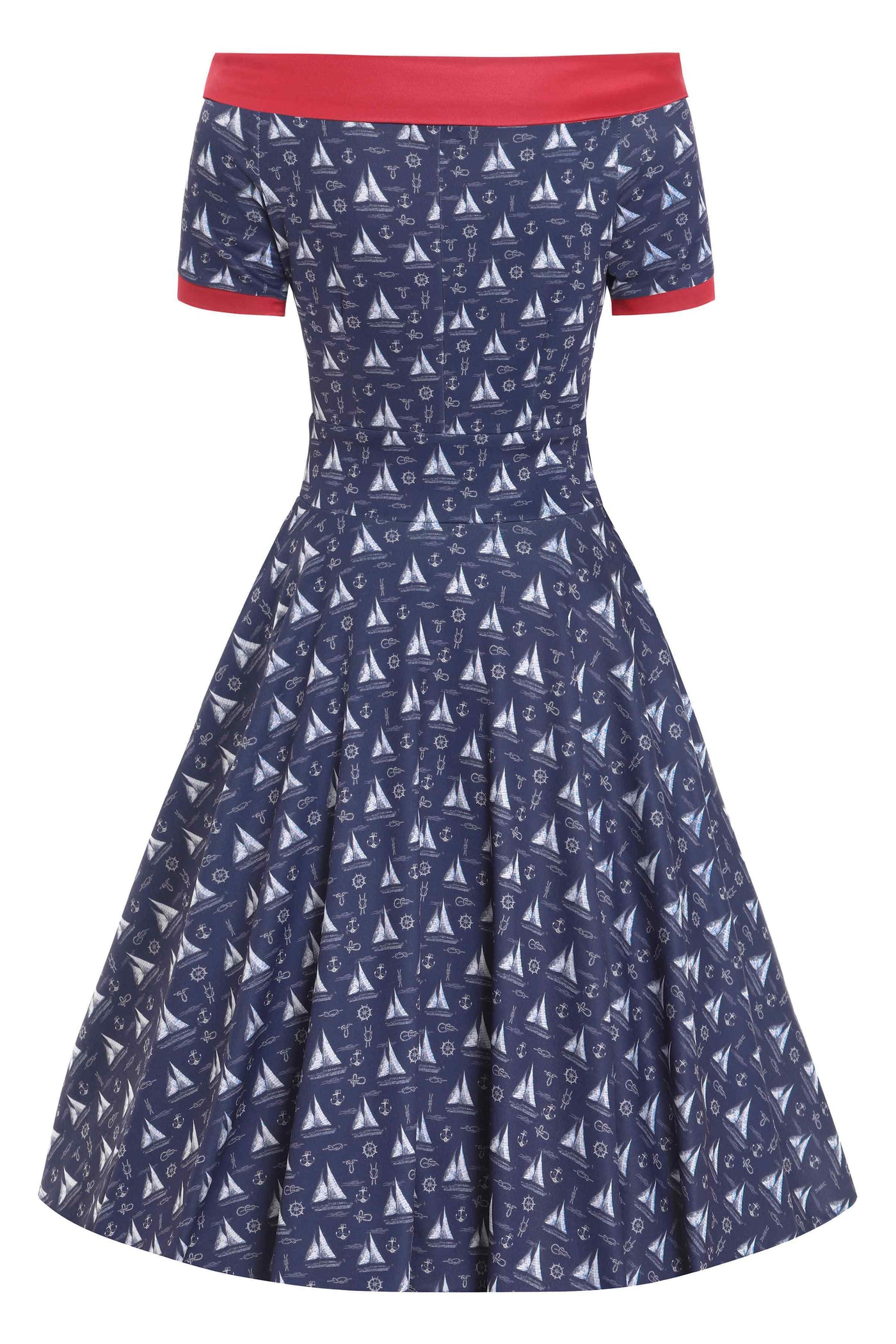 Back View of Nautical Sailboat Off Shoulder Dress in Navy Blue