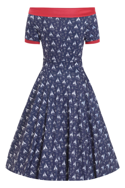 Back View of Nautical Sailboat Off Shoulder Dress in Navy Blue