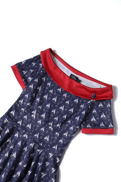Close up View of Nautical Sailboat Off Shoulder Dress in Navy Blue