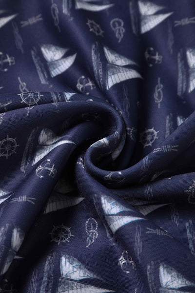Close up View of Nautical Sailboat Off Shoulder Dress in Navy Blue
