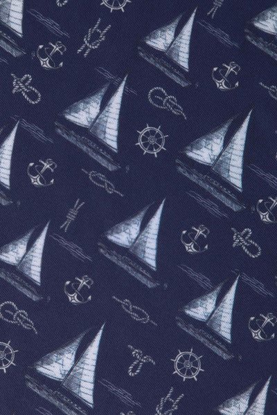 Close up View of Nautical Sailboat Off Shoulder Dress in Navy Blue