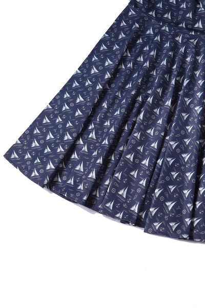 Close up View of Nautical Sailboat Off Shoulder Dress in Navy Blue
