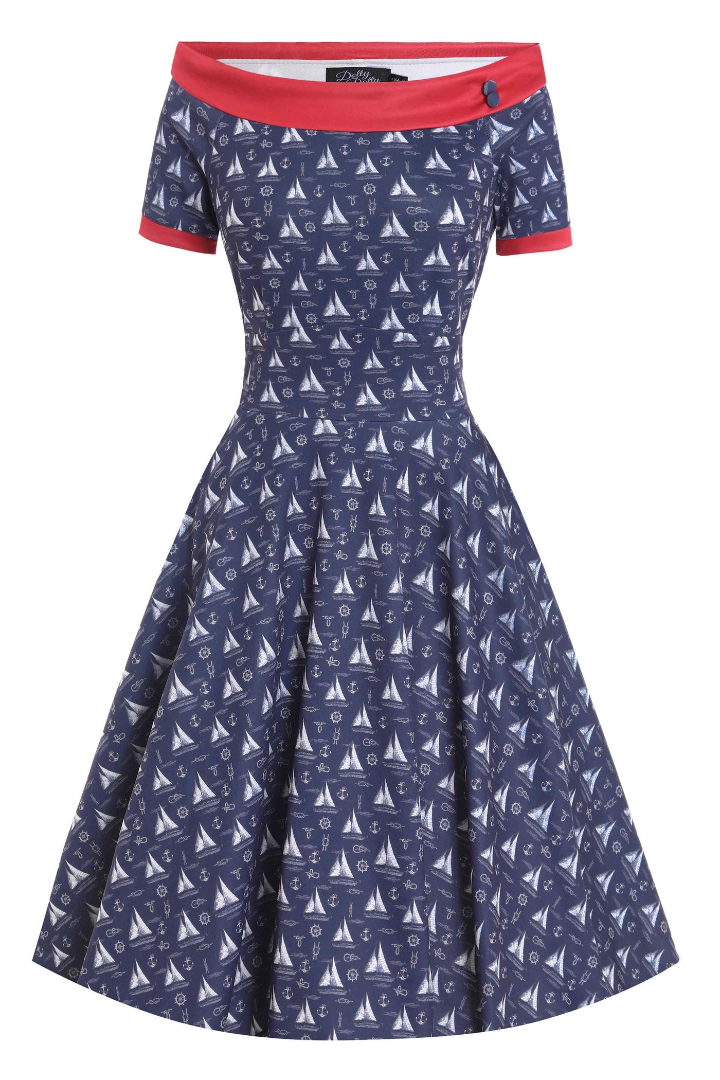 Front View of Nautical Sailboat Off Shoulder Dress in Navy Blue